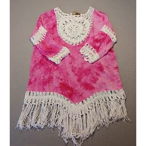 Jessica Taylor Bohemian Pink White Tie-Dye Cover Up Dress‎ One Size Crocheted